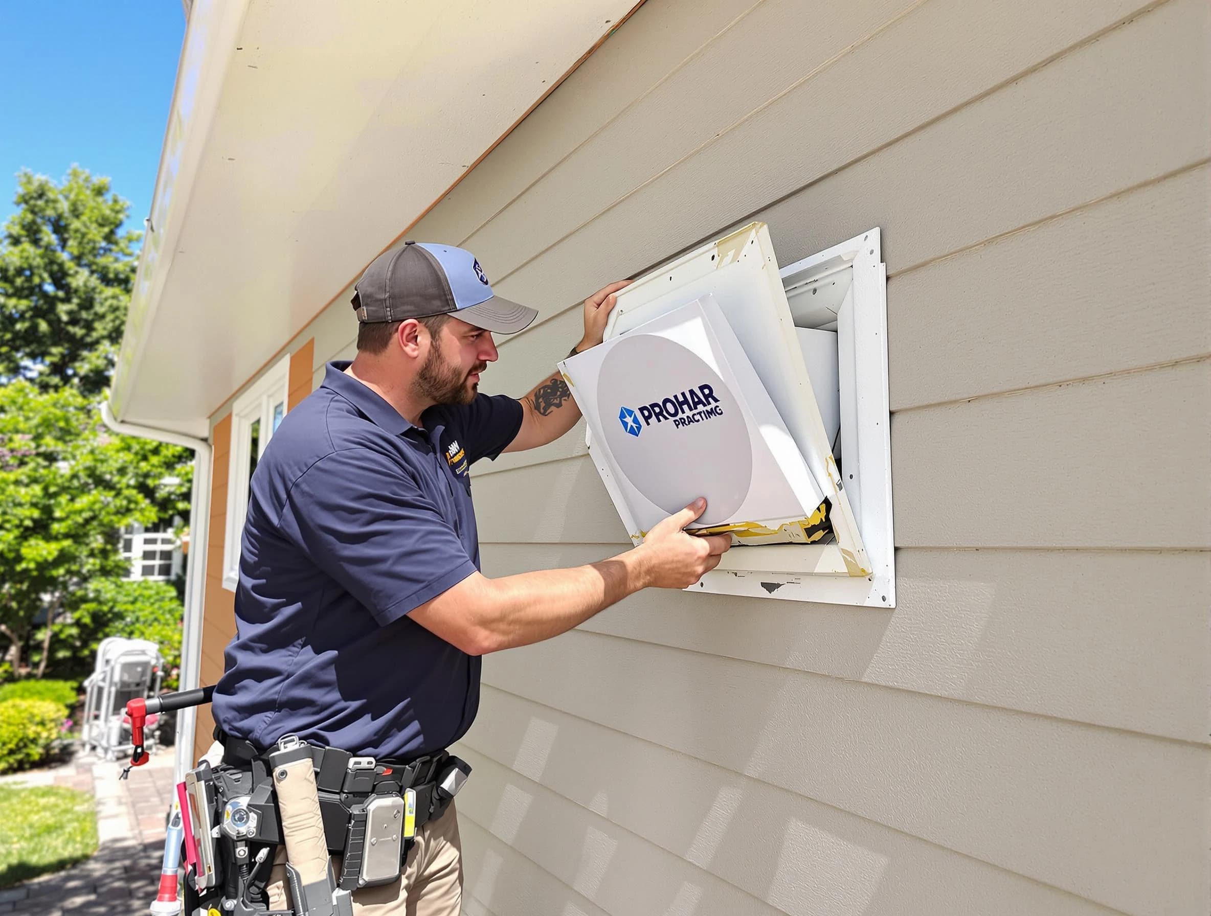 West Valley City Dryer Vent Cleaning technician installing a new protective dryer vent cover on a home in West Valley City