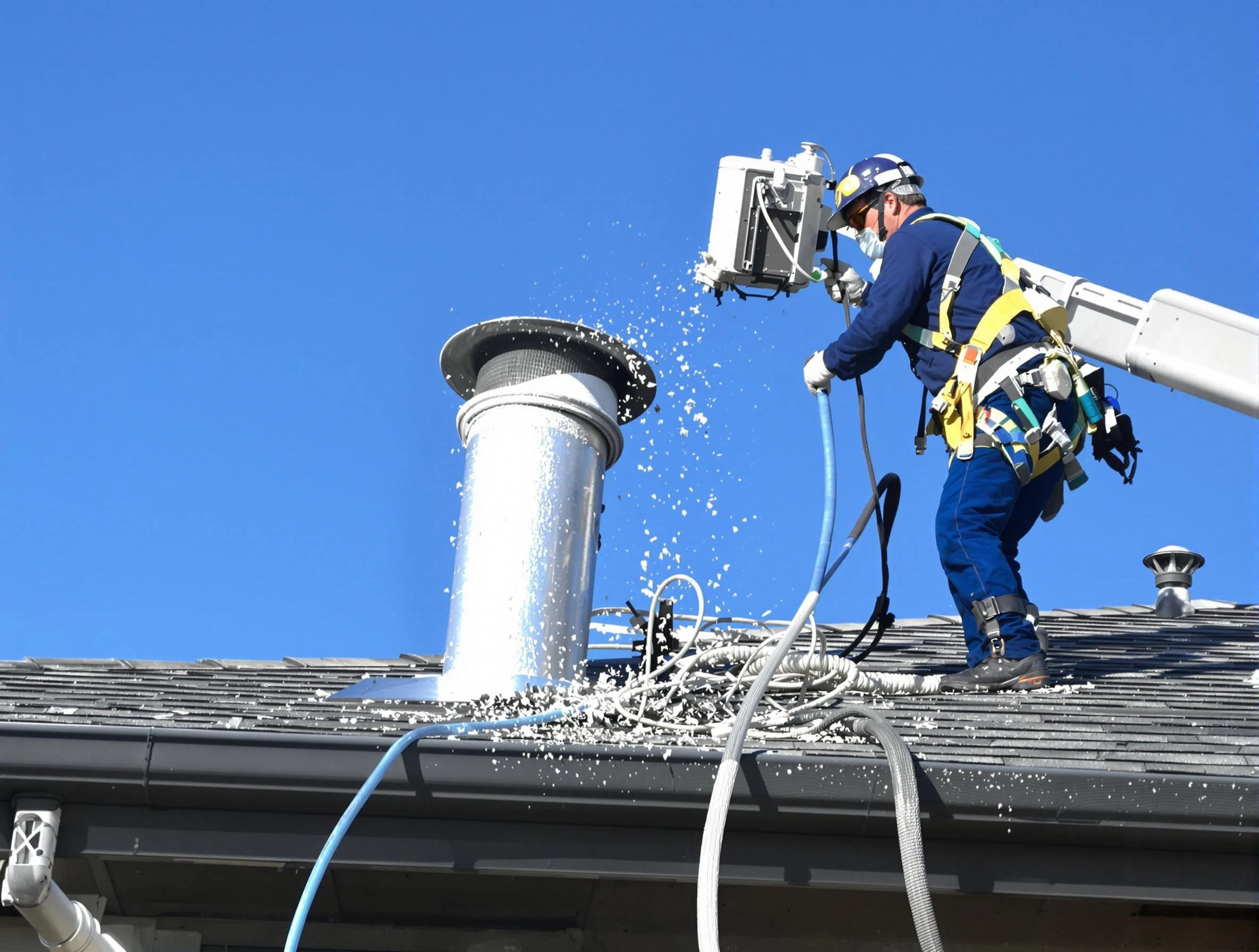 West Valley City Dryer Vent Cleaning certified technician safely cleaning a roof-mounted dryer vent in West Valley City