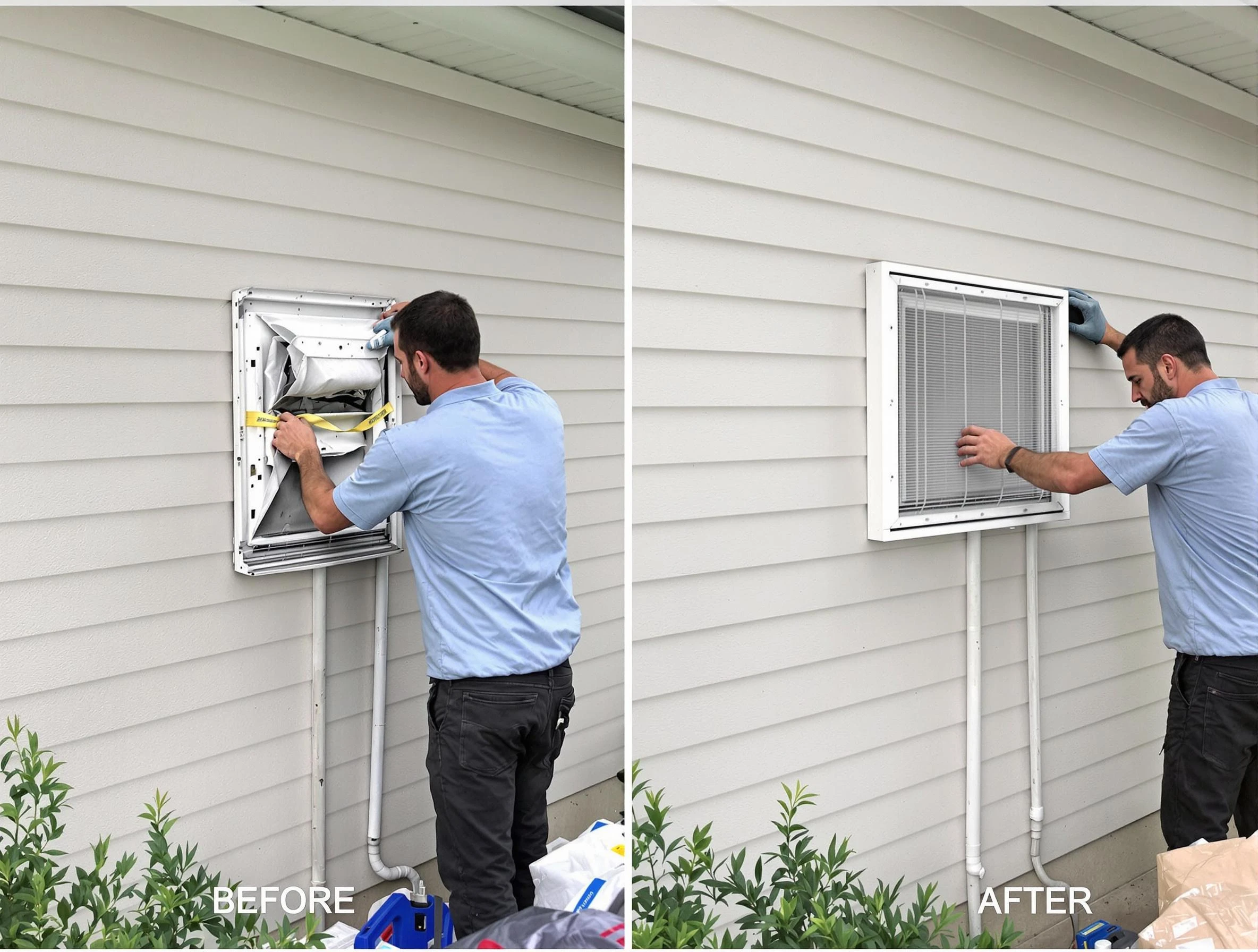 West Valley City Dryer Vent Cleaning technician installing high-quality dryer vent cover at a residential property in West Valley City